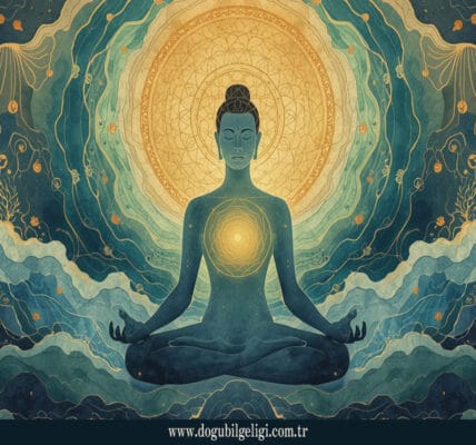 Zen Art tarzında, meditasyon halindeki insan figürü, kalp merkezinde altın ışık ve enerji dalgalarıyla zihnin sessizliği ve hücresel şifayı simgeliyor (Zen art, silence of mind, cellular healing)