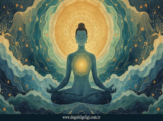 Zen Art tarzında, meditasyon halindeki insan figürü, kalp merkezinde altın ışık ve enerji dalgalarıyla zihnin sessizliği ve hücresel şifayı simgeliyor (Zen art, silence of mind, cellular healing)