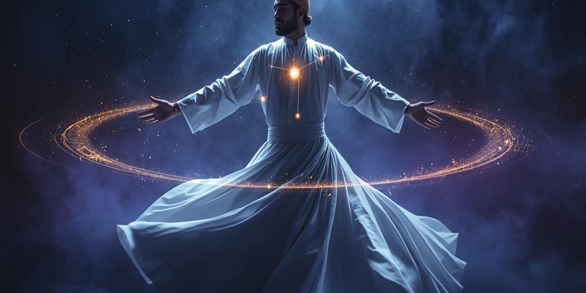 Beyaz sema kıyafeti giymiş Sufi derviş, derin kozmik uzayda dönerken iki altın kuantum parçacığı ve aralarındaki canlı enerji bağıyla kuantum bağlantısını simgeliyor