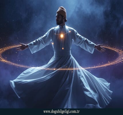 Beyaz sema kıyafeti giymiş Sufi derviş, derin kozmik uzayda dönerken iki altın kuantum parçacığı ve aralarındaki canlı enerji bağıyla kuantum bağlantısını simgeliyor