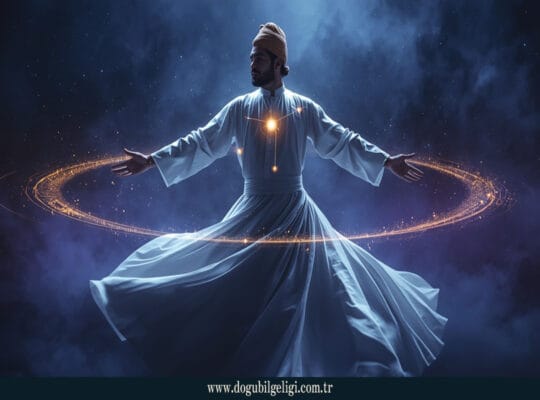 Beyaz sema kıyafeti giymiş Sufi derviş, derin kozmik uzayda dönerken iki altın kuantum parçacığı ve aralarındaki canlı enerji bağıyla kuantum bağlantısını simgeliyor
